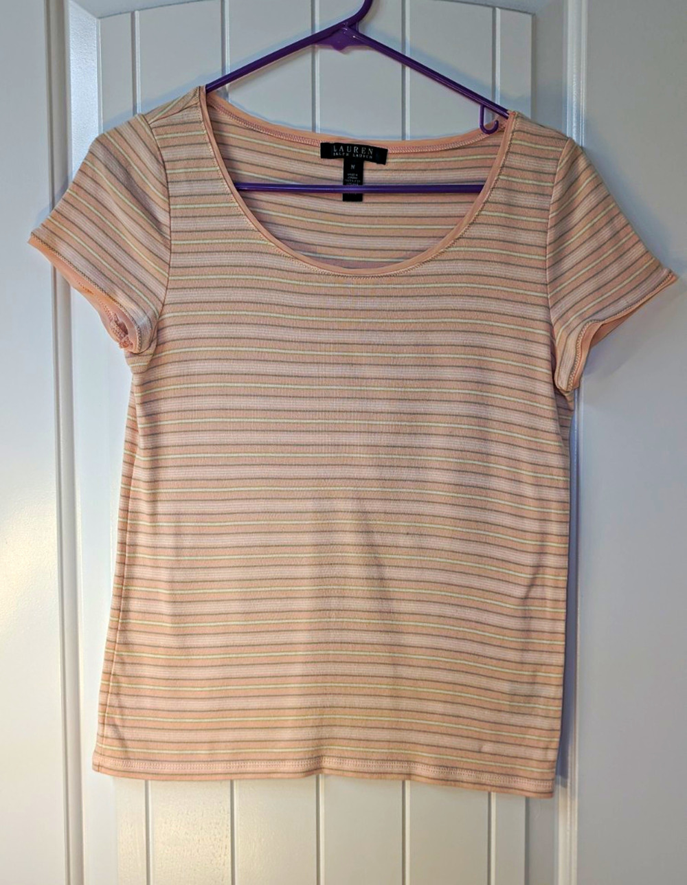 Lauren Ralph Lauren Pink Striped Scoop Neck Short Sleeve Knit Tee M Women
